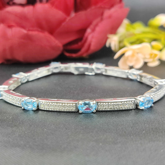 Natural Swiss Blue Topaz Tennis Bracelet, 925 Sterling Silver, December Birthstone Jewelry