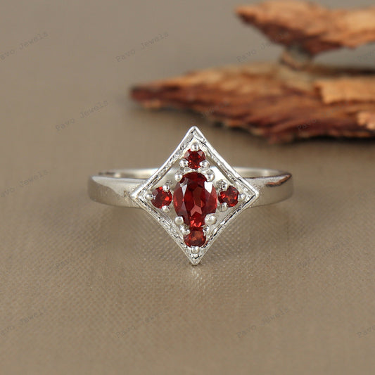 Natural Oval Garnet Ring, Sterling Silver, January Birthstone, Solitaire Jewelry