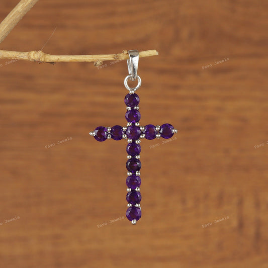 African Amethyst Sterling Silver Cross Pendant Necklace