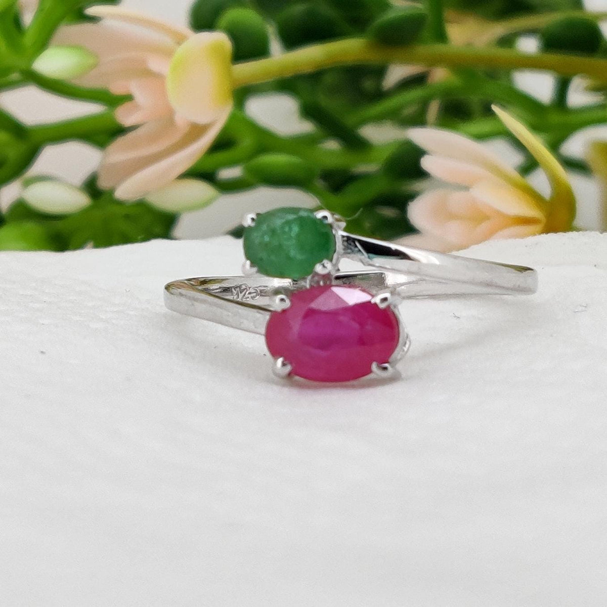 Oval Ruby Emerald Sterling Silver Two Stone Ring, July May Birthstone Jewelry