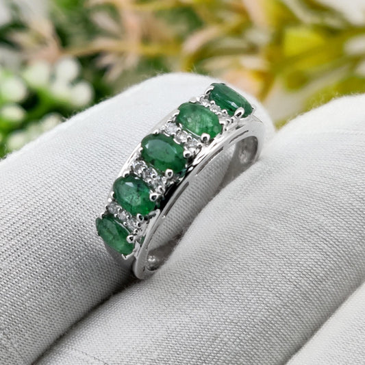 Natural Emerald Ring, 925 Sterling Silver, Oval Gemstone Stacking Band, Emerald Jewelry, May Birthstone