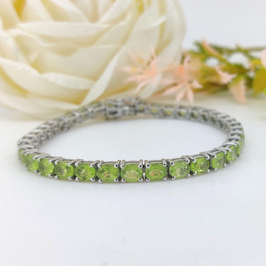 Natural Peridot Tennis Bracelet-Oval Gemstone-August Birthstone Jewelry-925 Sterling Silver Bracelet-Green Peridot Jewelry-Wedding Gift