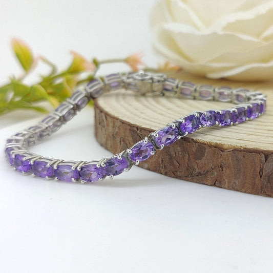 Natural Amethyst Tennis Bracelet-925 Sterling Silver-Oval Gemstone Bracelet-February Birthstone Jewelry-Purple Amethyst Jewelry-Gift for her