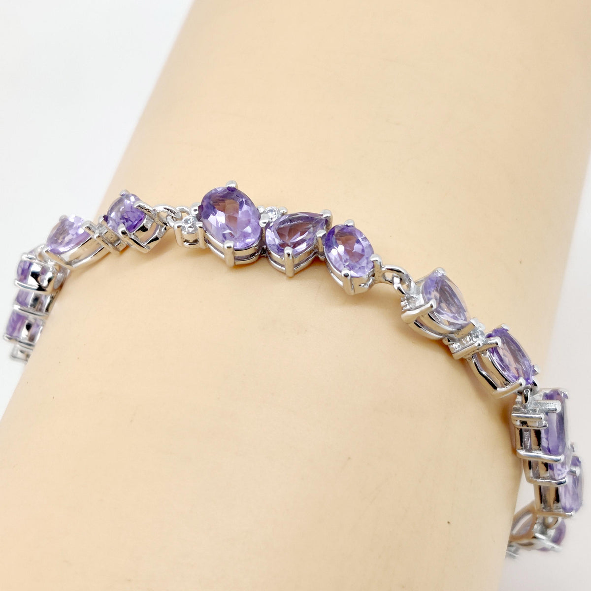 Natural Amethyst Tennis Bracelet, Sterling Silver, Oval Pear Gemstones, February Birthstone
