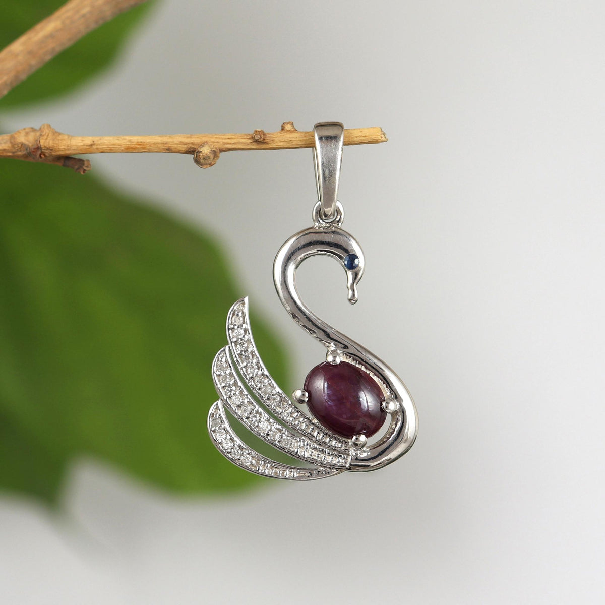 Star Ruby Swan Pendant: Sterling Silver Cubic Zircon Necklace