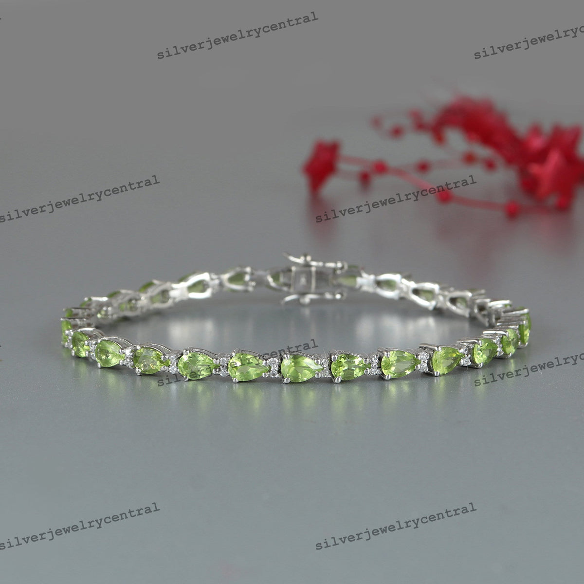 Natural Peridot Bracelet-925 Sterling Silver Bracelet-Pear Cut Gemstone Bracelet-August Birthstone Bracelet-Peridot Jewelry-Wedding Gift