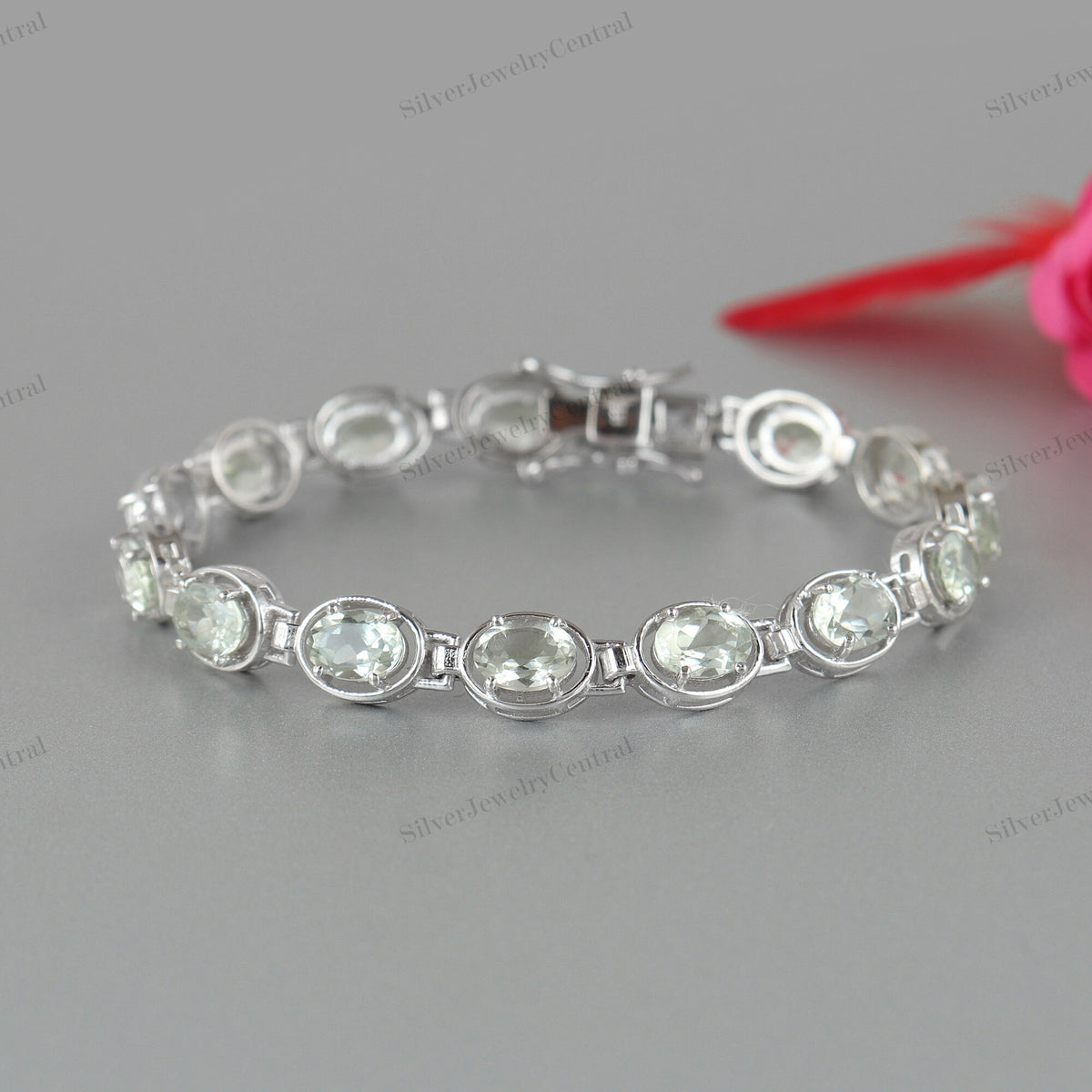 Natural Green Amethyst Gemstone Bracelet Oval Cut Sterling Silver Handmade Vintage Jewelry
