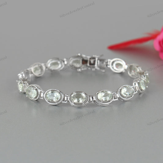 Natural Green Amethyst Gemstone Bracelet Oval Cut Sterling Silver Handmade Vintage Jewelry
