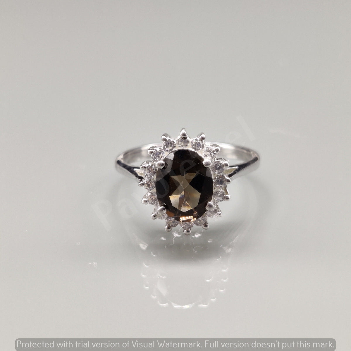 Smoky Quartz & Cubic Zircon Ring, 925 Sterling Silver, Handmade