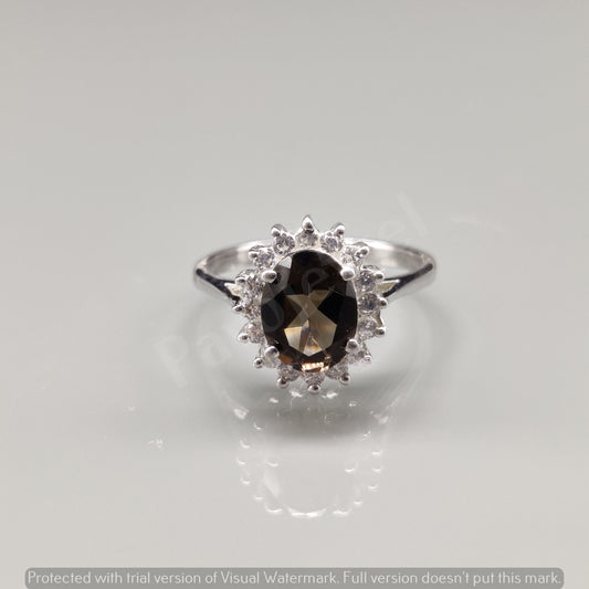Smoky Quartz & Cubic Zircon Ring, 925 Sterling Silver, Handmade