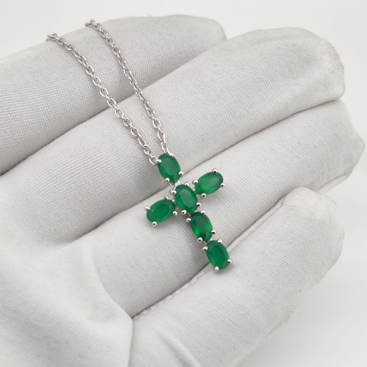 Sterling Silver Cross Necklace, Oval Emerald Gemstone Charm Handmade Jewelry Pendant
