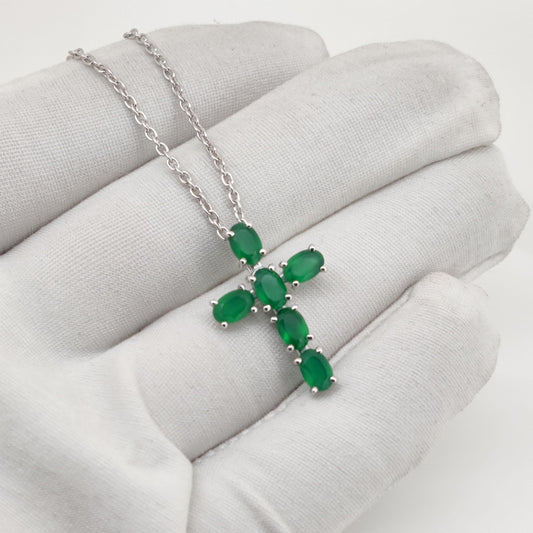 Sterling Silver Cross Necklace, Oval Emerald Gemstone Charm Handmade Jewelry Pendant
