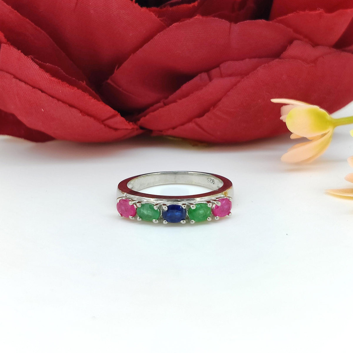 Ruby Sterling Silver Band Ring: Emerald Blue Sapphire Accent - Birthstone Jewelry