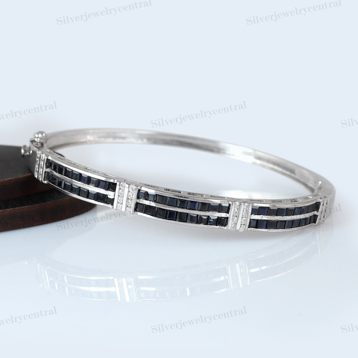 Natural Blue Sapphire Bangle, Sterling Silver, September Birthstone, Handmade Square Sapphire Jewelry, Anniversary Gift
