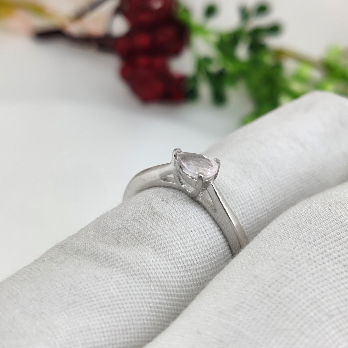 Rose Quartz Sterling Silver Ring: Pear Gemstone Stacking Band Jewelry, January Birthstone Gift