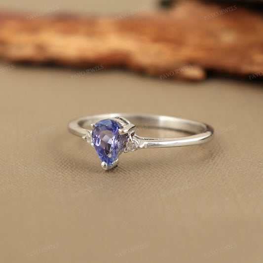 Natural Pear Cut Tanzanite Solitaire Ring, 925 Sterling Silver, December Birthstone