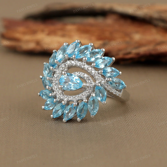 Marquise Swiss Blue Topaz Ring, 925 Sterling Silver, December Birthstone Statement Jewelry,
