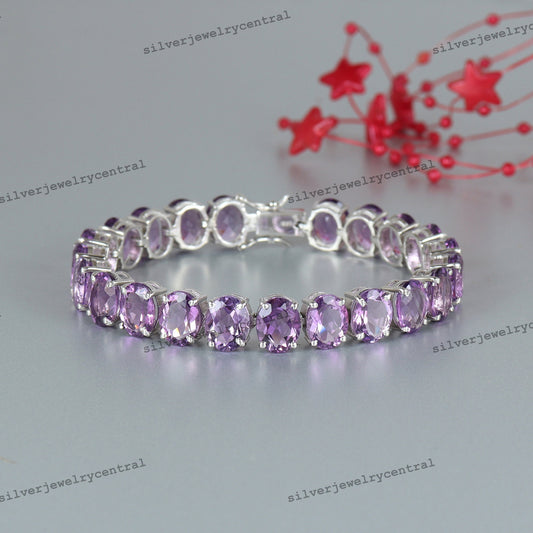 Natural Amethyst Oval Tennis Bracelet, Sterling Silver, February Birthstone, Dainty Amethyst Jewelry