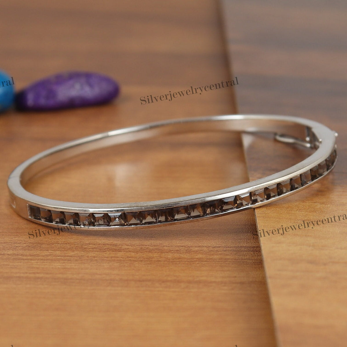 Smoky Quartz Bangle, Sterling Silver, November Birthstone, Square Brown Gemstone Jewelry, Gift for Anniversary