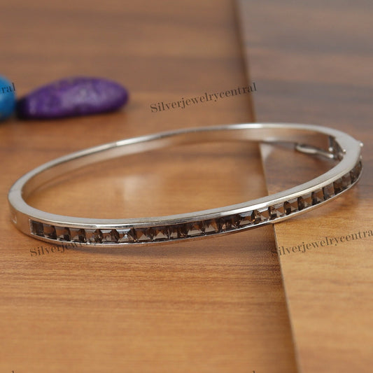 Smoky Quartz Bangle, Sterling Silver, November Birthstone, Square Brown Gemstone Jewelry, Gift for Anniversary