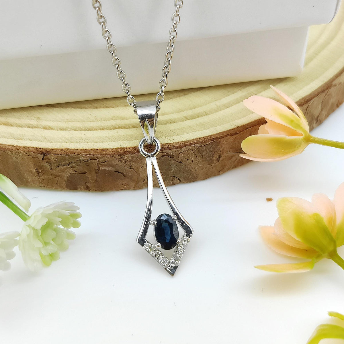 Natural Blue Sapphire Oval Pendant Necklace, 925 Sterling Silver, September Birthstone Charm