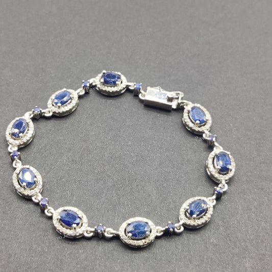 Oval Sapphire Tennis Bracelet, 925 Sterling Silver, September Birthstone, Halo Gemstone Jewelry