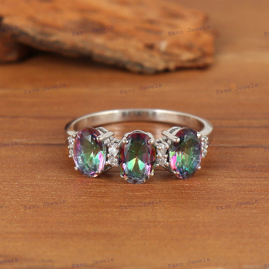 Mystic Topaz Sterling Silver Ring: Triple Oval Gemstone, November Birthstone, Christmas Gift