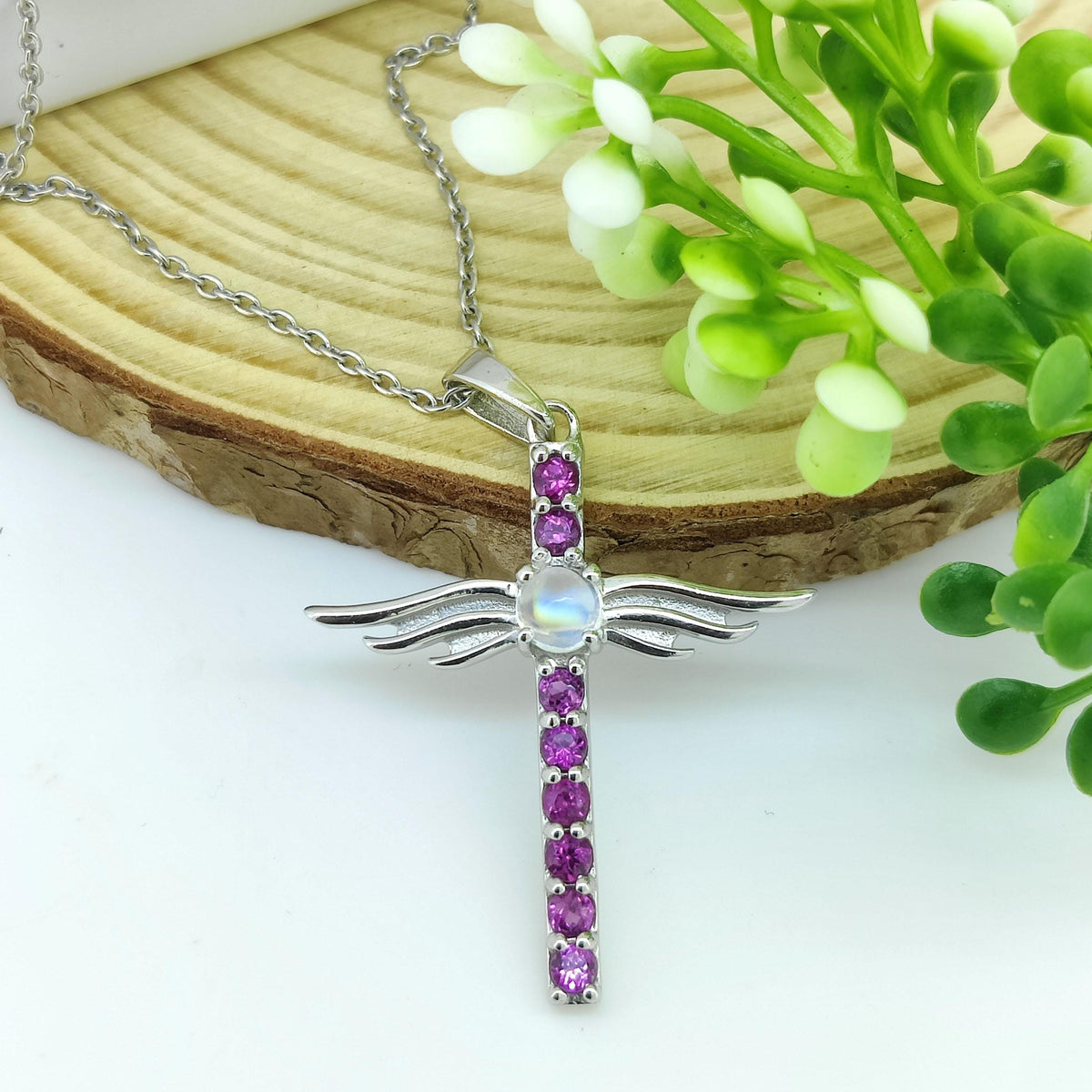 Rhodolite Garnet Cross Pendant: Sterling Silver Moonstone June Birthstone