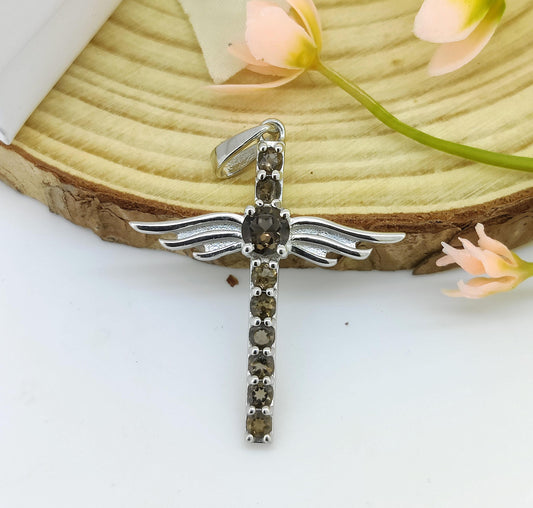 Smoky Quartz Cross Pendant: Sterling Silver Feather Jewelry, June Birthstone