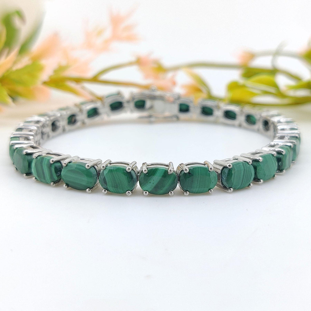 Malachite Tennis Bracelet: Oval Gemstone, Sterling Silver Jewelry