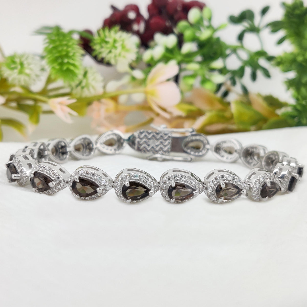 Smoky Quartz Tennis Bracelet: Pear Cut, 925 Sterling Silver