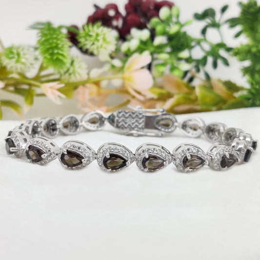 Smoky Quartz Tennis Bracelet: Pear Cut, 925 Sterling Silver