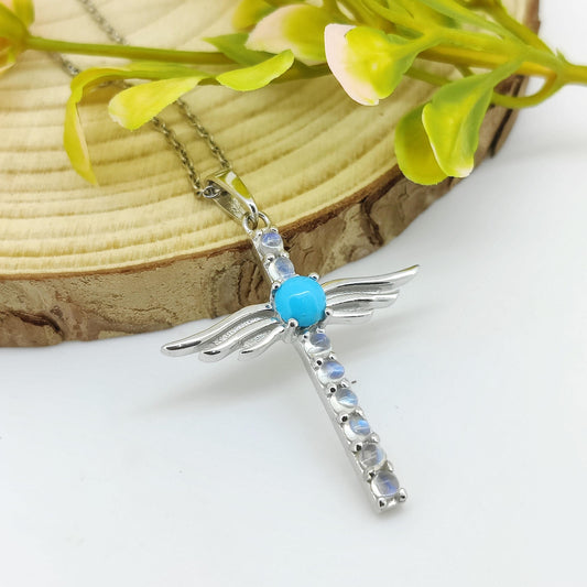 Rainbow Moonstone Cross Pendant: Sterling Silver Turquoise Gemstone