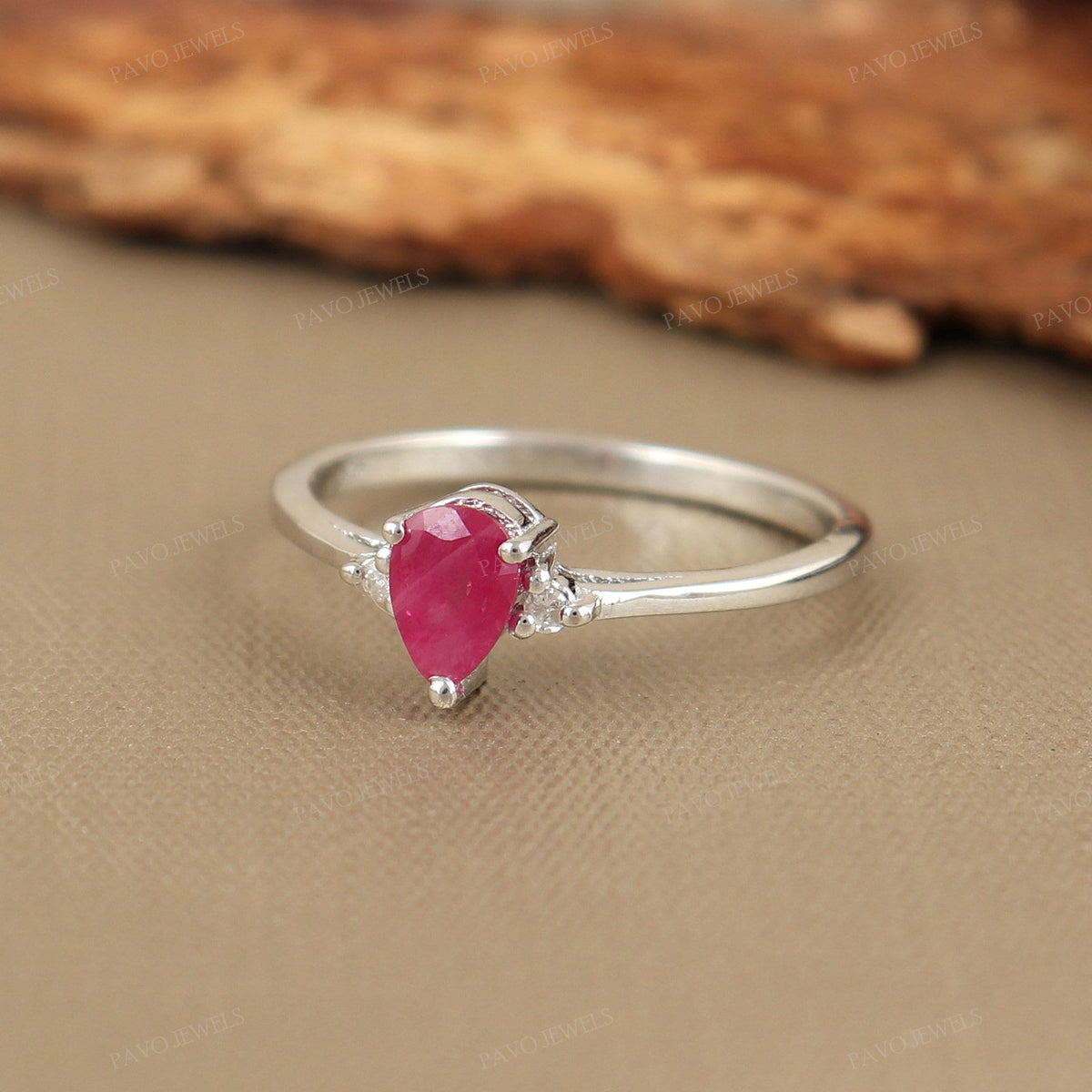 Pear Shape Ruby Ring, Sterling Silver, July Birthstone, Dainty Promise Ring