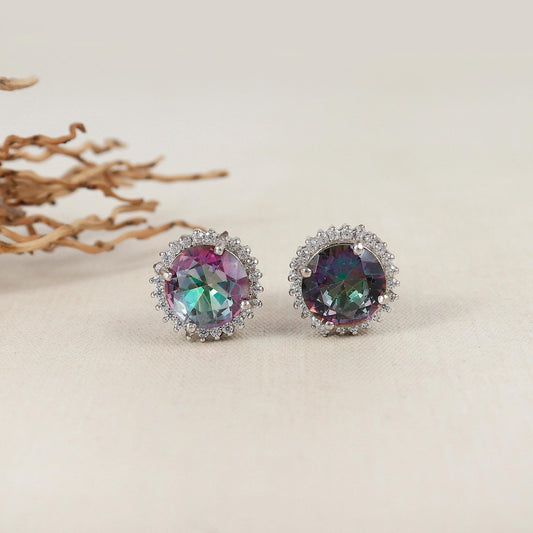 Mystic Quartz Stud Earrings: 925 Sterling Silver, April Birthstone
