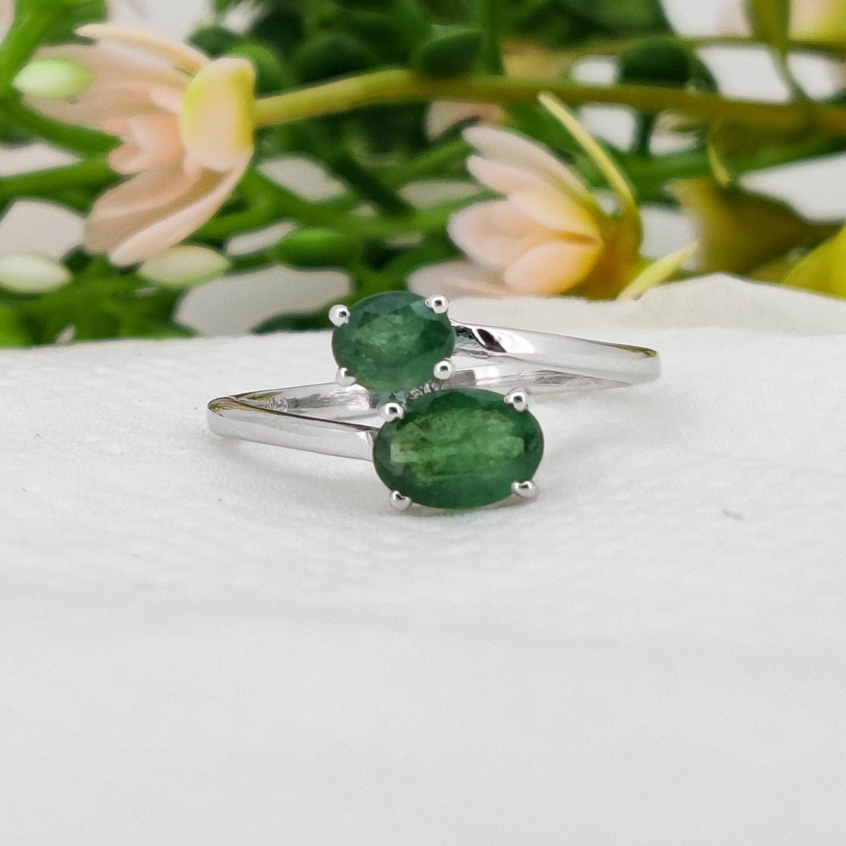 Natural Emerald Sterling Silver Double Stone Ring, May Birthstone Jewelry