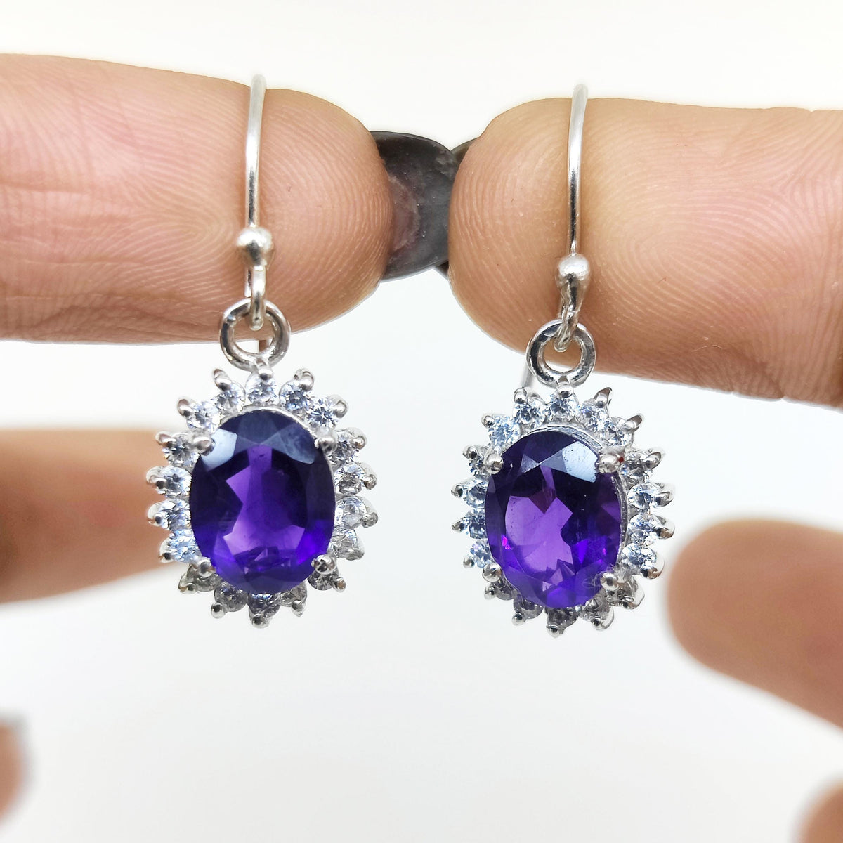 Natural African Amethyst Earring-Gemstone Cluster Dangle Earring-925 Sterling Silver-Oval Amethyst Jewelry-February Birthstone Jewelry Gift