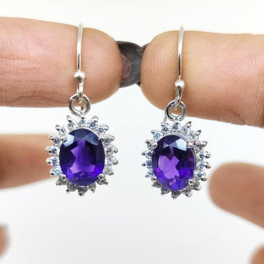 Natural African Amethyst Earring-Gemstone Cluster Dangle Earring-925 Sterling Silver-Oval Amethyst Jewelry-February Birthstone Jewelry Gift