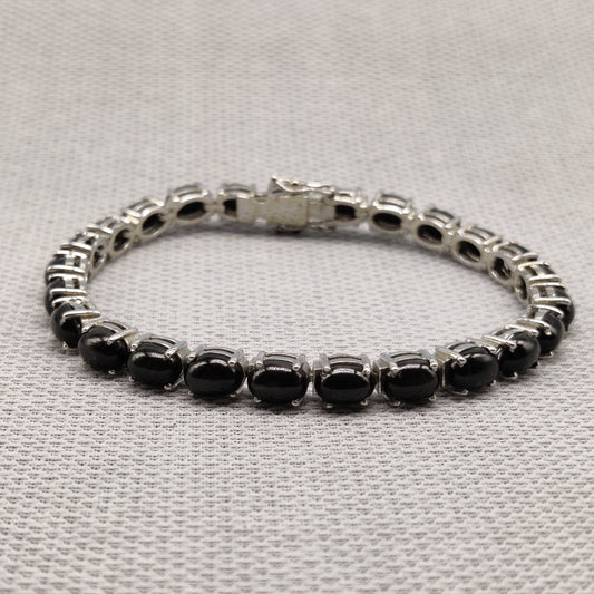 Natural Black Star Oval Cabochon 925 Sterling Silver Bracelet