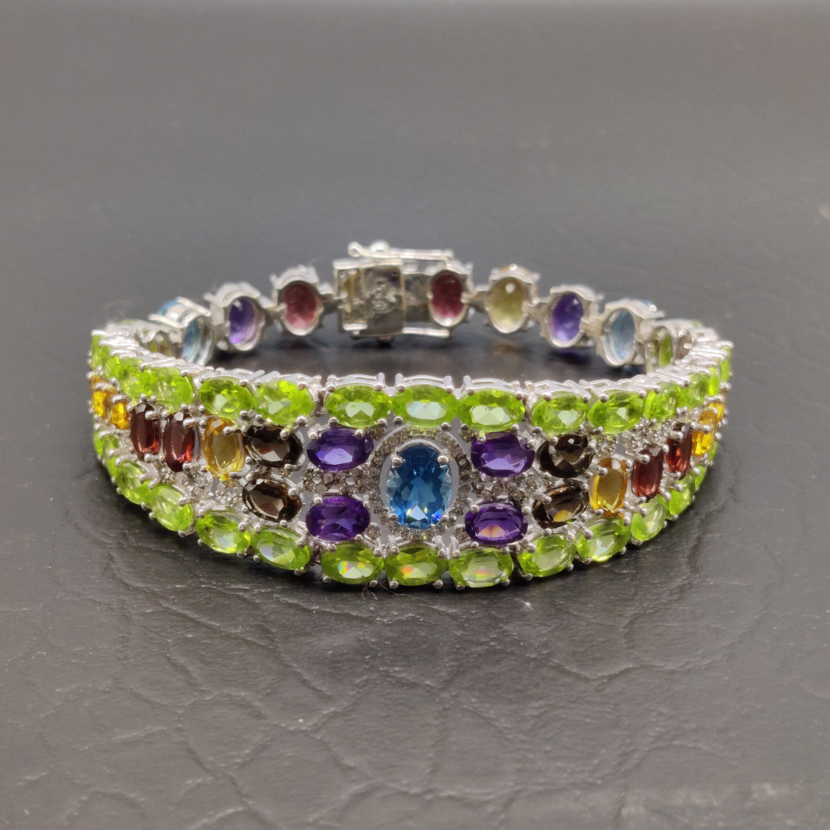 Multi Gemstone Sterling Silver Bracelet – Oval & Round Faceted Stones