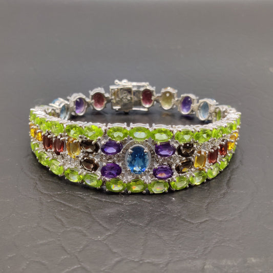 Multi Gemstone Sterling Silver Bracelet – Oval & Round Faceted Stones