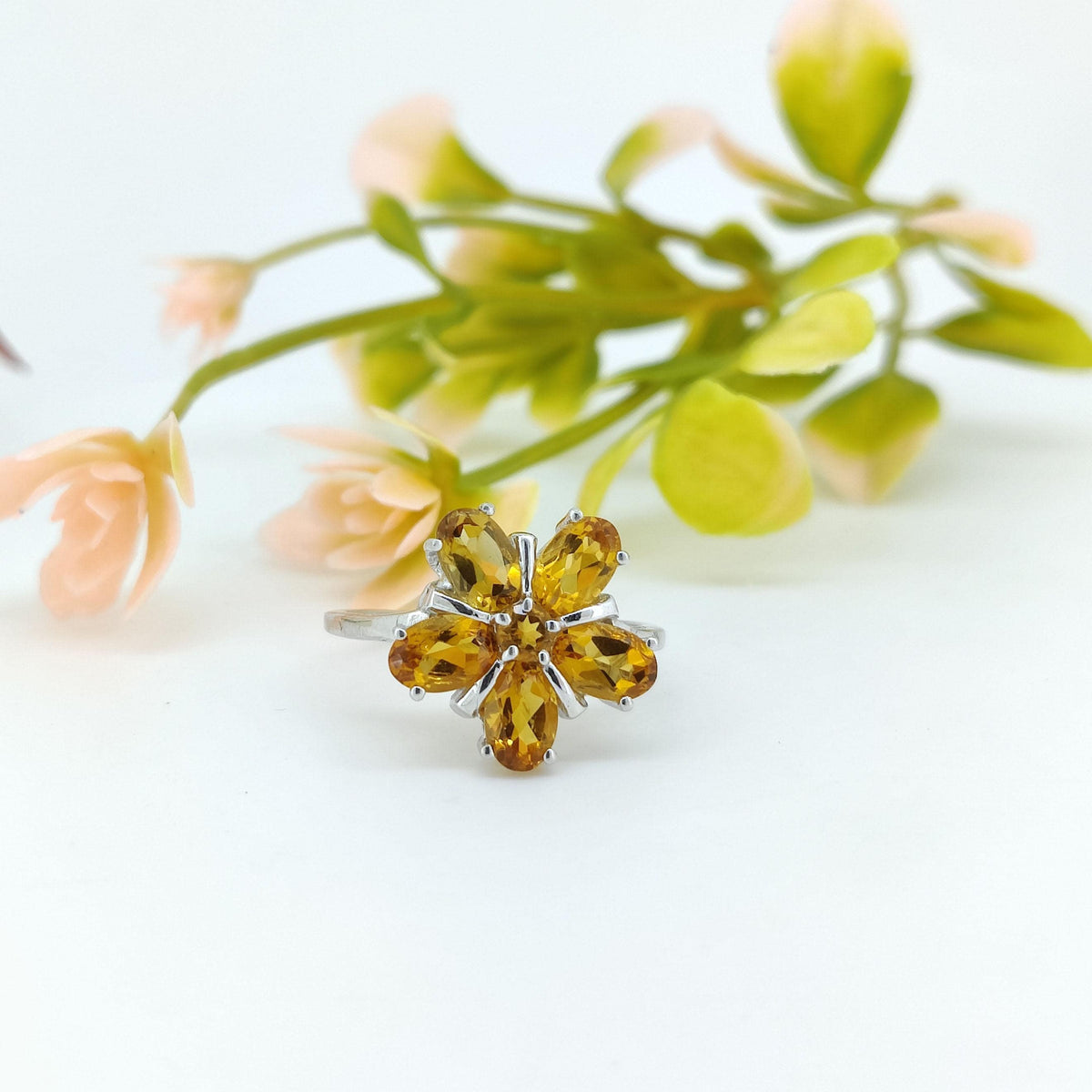 Natural Citrine Flower Ring-925 Sterling Silver Jewelry-November Birthstone-Yellow Citrine Jewelry