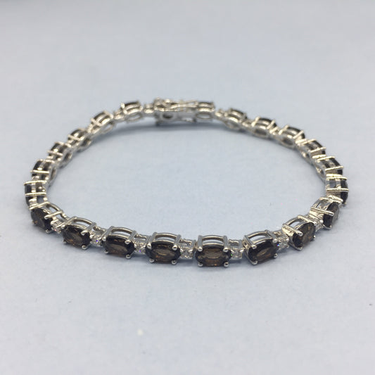 Sterling Silver Smoky Quartz Oval Bracelet – Prong Setting Brown Gemstone