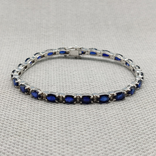 Oval Faceted Blue Sapphire Tennis Bracelet, 925 Sterling Silver, 7x5mm Stones