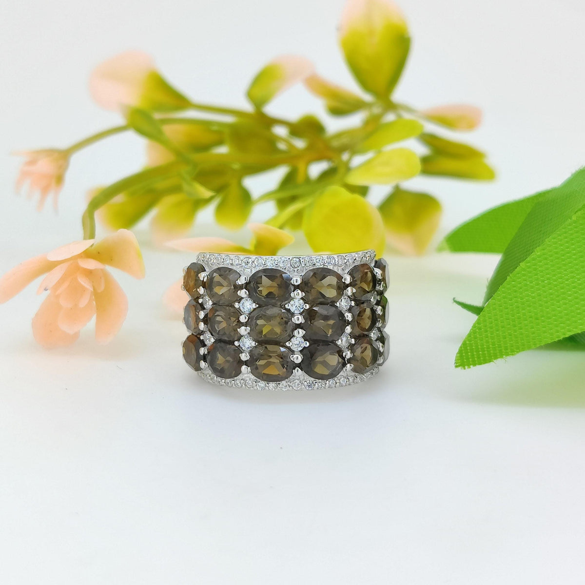 Smoky Quartz Sterling Silver Ring: Half Eternity Gemstone Band