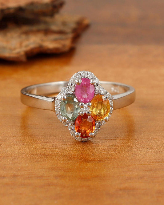 Multi Sapphire & Diamond Silver Ring, Statement Handmade Gemstone Jewelry