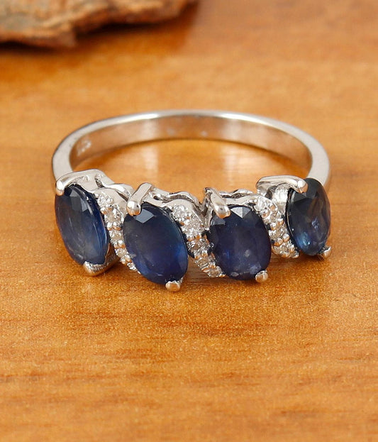 Natural Blue Sapphire Ring, Sterling Silver Gemstone, Vintage Style Cocktail Jewelry