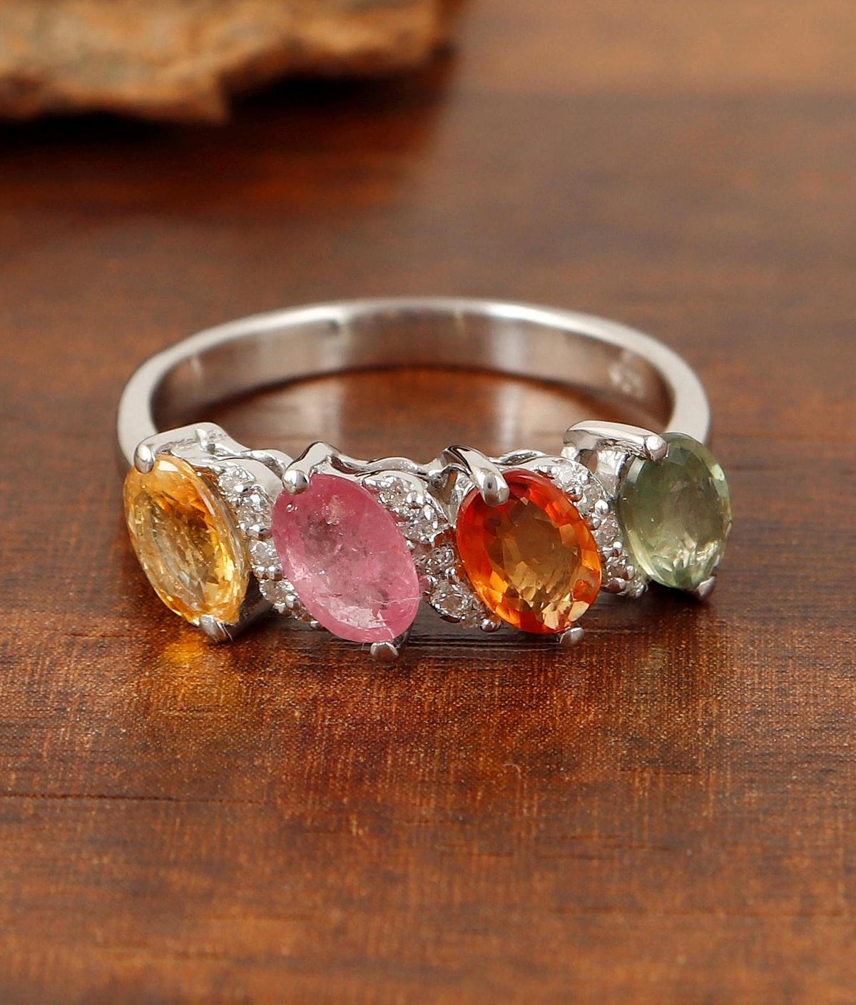 Multi Sapphire Anniversary Gift for Her, Diamond 925 Silver Delicate Handmade Ring