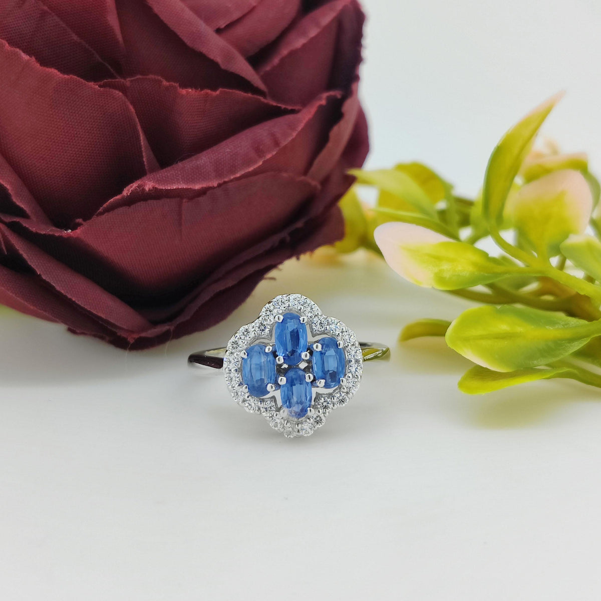 Natural Kyanite Gemstone Ring-925 Sterling Silver-Gemstone Cluster Ring-Cubic Zircon-September Birthstone-Oval Kyanite Jewelry-Gift for wife