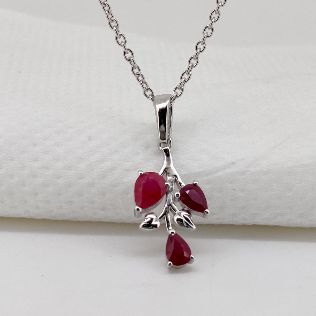 Ruby Sterling Silver Leaf Pendant Necklace, Pear Cut Ruby Gemstone, Nature Inspired Jewelry